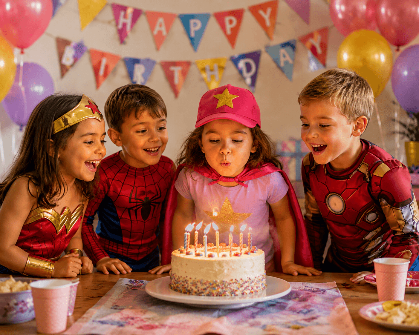 Children celebrating around a birthday cake