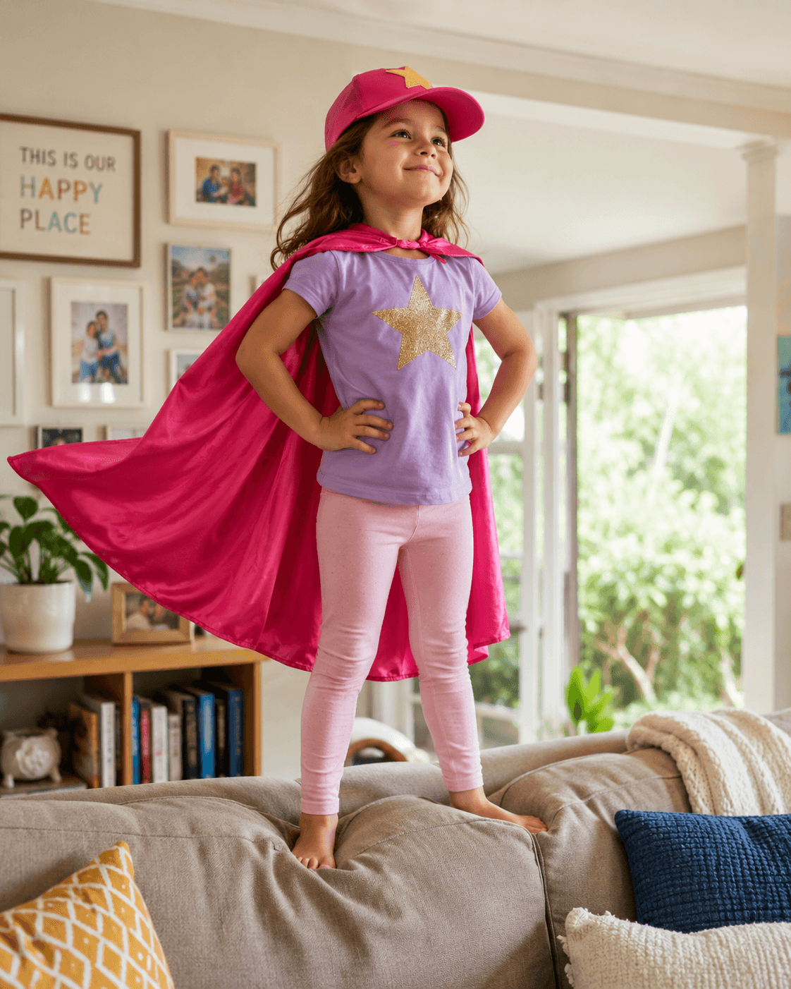 A child in a superhero cape at their birthday party